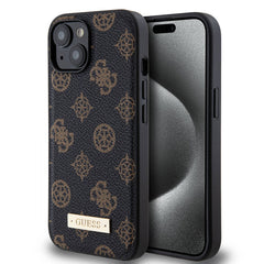 Apple iPhone 15 Plus Kılıf Guess M-safe Şarj Özellikli PU Deri Desenli Metal Plaka Logolu Kapak