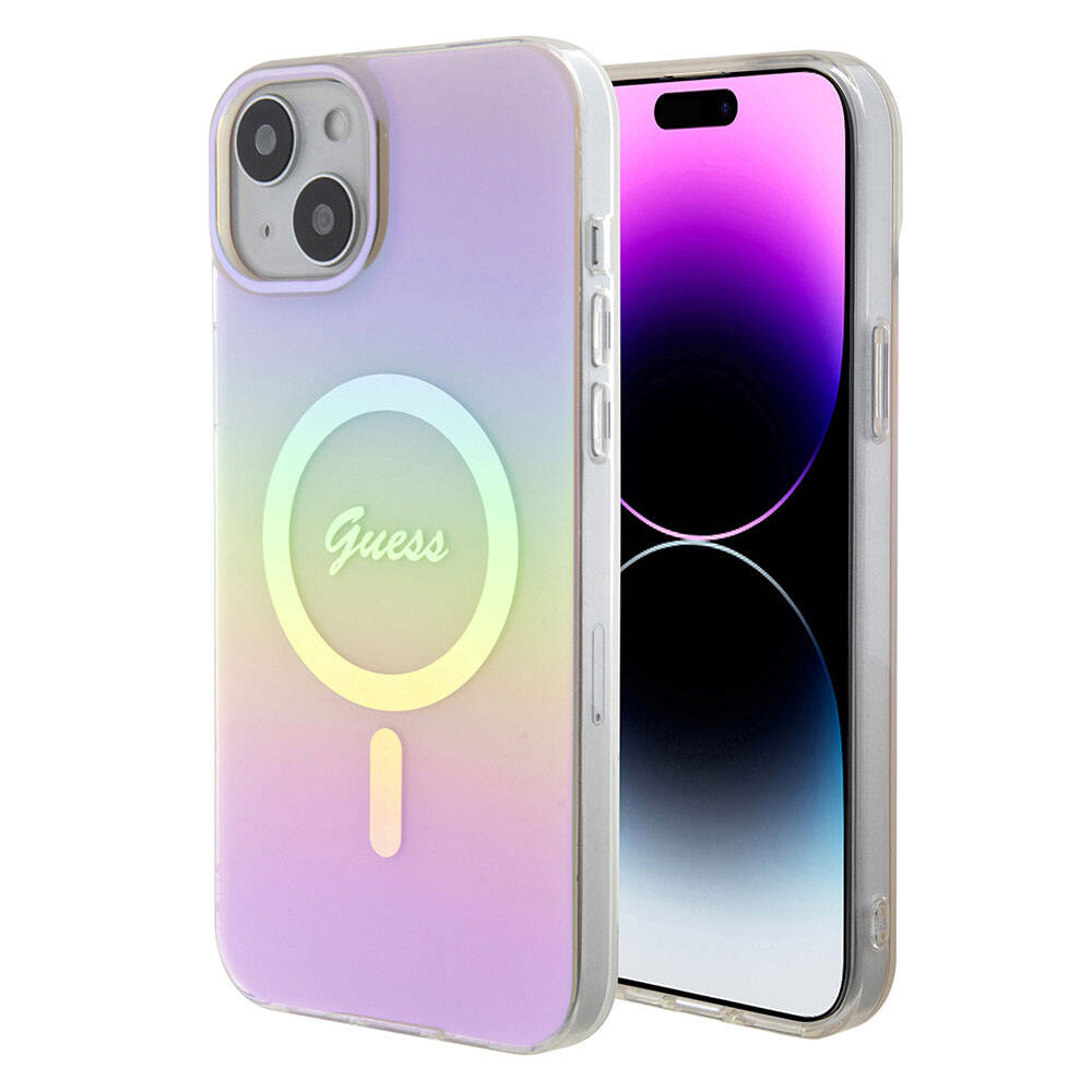 Apple iPhone 15 Plus Kılıf Guess Orjinal Lisanslı M-safe Şarj Özellikli Yazı Logolu Iridescent Kapak