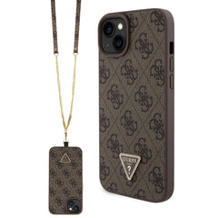 Apple iPhone 15 Plus Kılıf Guess Orjinal Lisanslı PU Deri Askılı Taşlı Üçgen Logo 4G Desenli Strass Crossbody Kapak