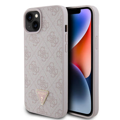 Apple iPhone 15 Plus Kılıf Guess Orjinal Lisanslı PU Deri Taşlı Üçgen Logo 4G Desenli Kapak