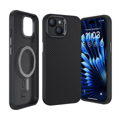 Apple iPhone 15 Plus Kılıf Karbon Fiber M-safe Şarj Özellikli Benks Hybrid ArmorPro 600D Kevlar Kapak