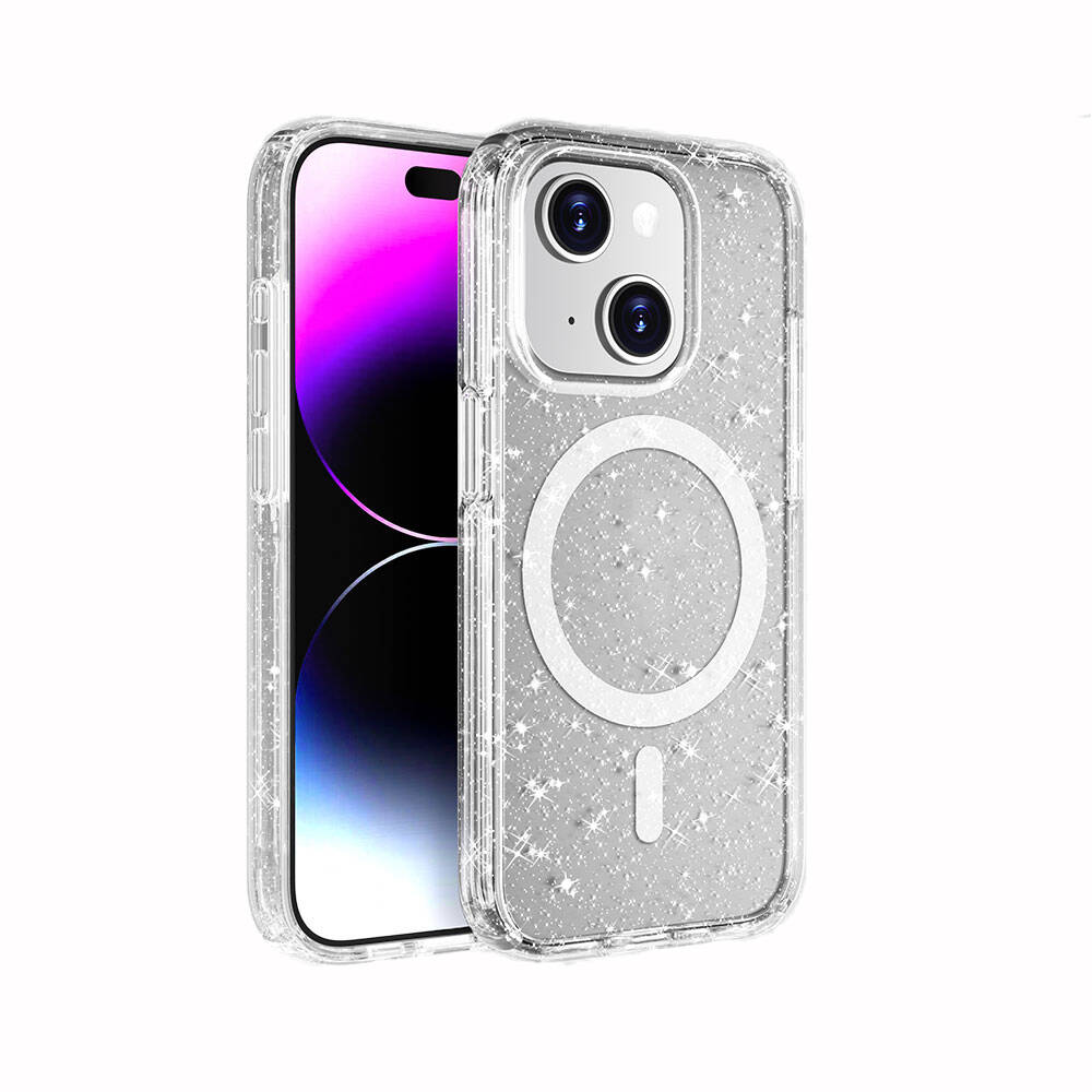 Apple iPhone 15 Plus Kılıf M-safe Şarj Özellikli Parlayan Simli Saydam Renkli Zore Allstar Kapak