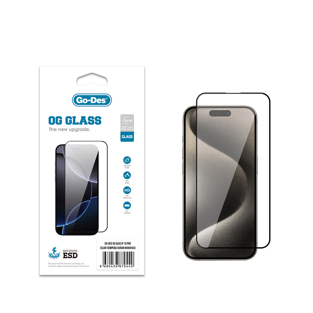 Apple iPhone 15 Pro Go Des OG Glass Antistatik Temperli Cam Ekran Koruyucu