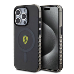 Apple iPhone 15 Pro Kılıf Ferrari Orjinal Lisanslı M-safe Şarj Özellikli Tırtıklı Kenar Tasarımlı Ortalanmış Logo Kapak