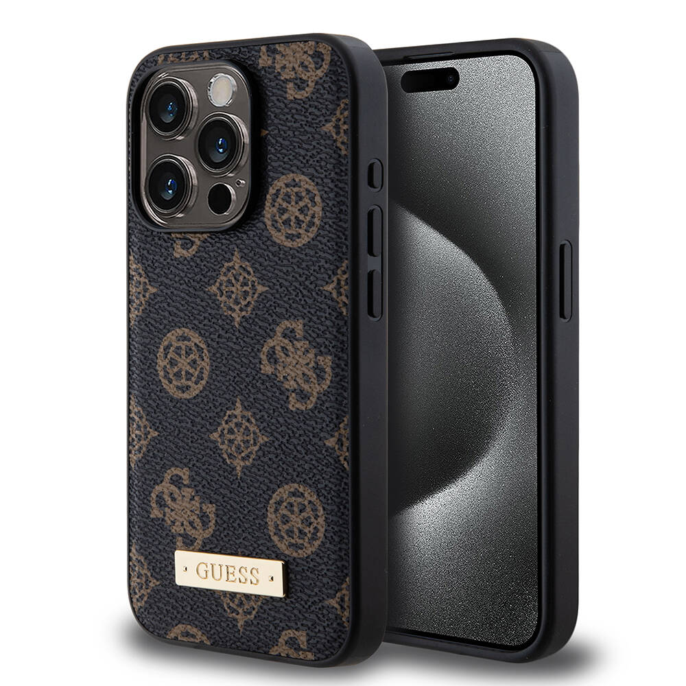Apple iPhone 15 Pro Kılıf Guess M-safe Şarj Özellikli PU Deri Desenli Metal Plaka Logolu Kapak