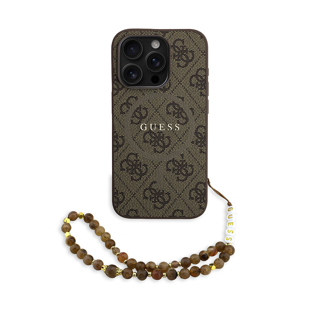 Apple iPhone 15 Pro Kılıf Guess Orjinal Lisanslı M-safe Şarj Özellikli PU Deri Bilek Askı İpli Yazı Logolu Kapak