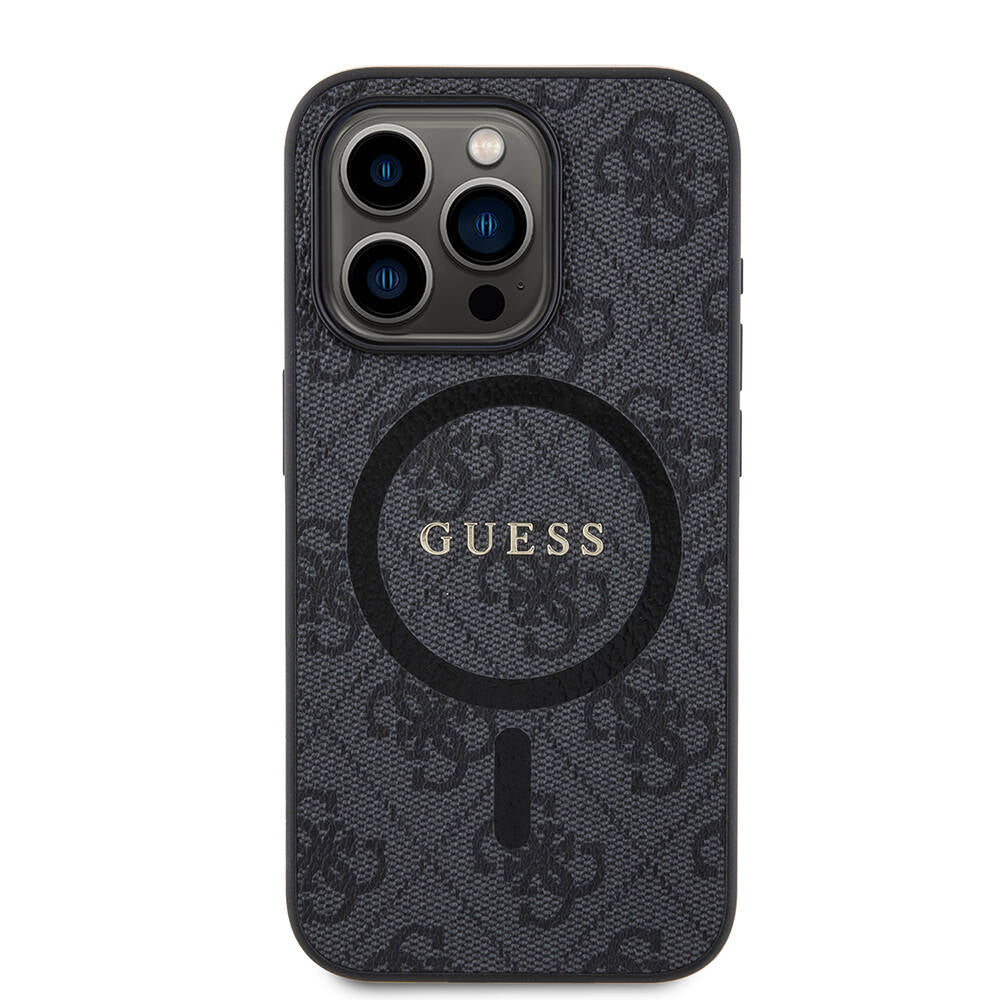 Apple iPhone 15 Pro Kılıf Guess Orjinal Lisanslı M-safe Şarj Özellikli PU Halkalı 4G Desenli Yazı Logolu Kapak