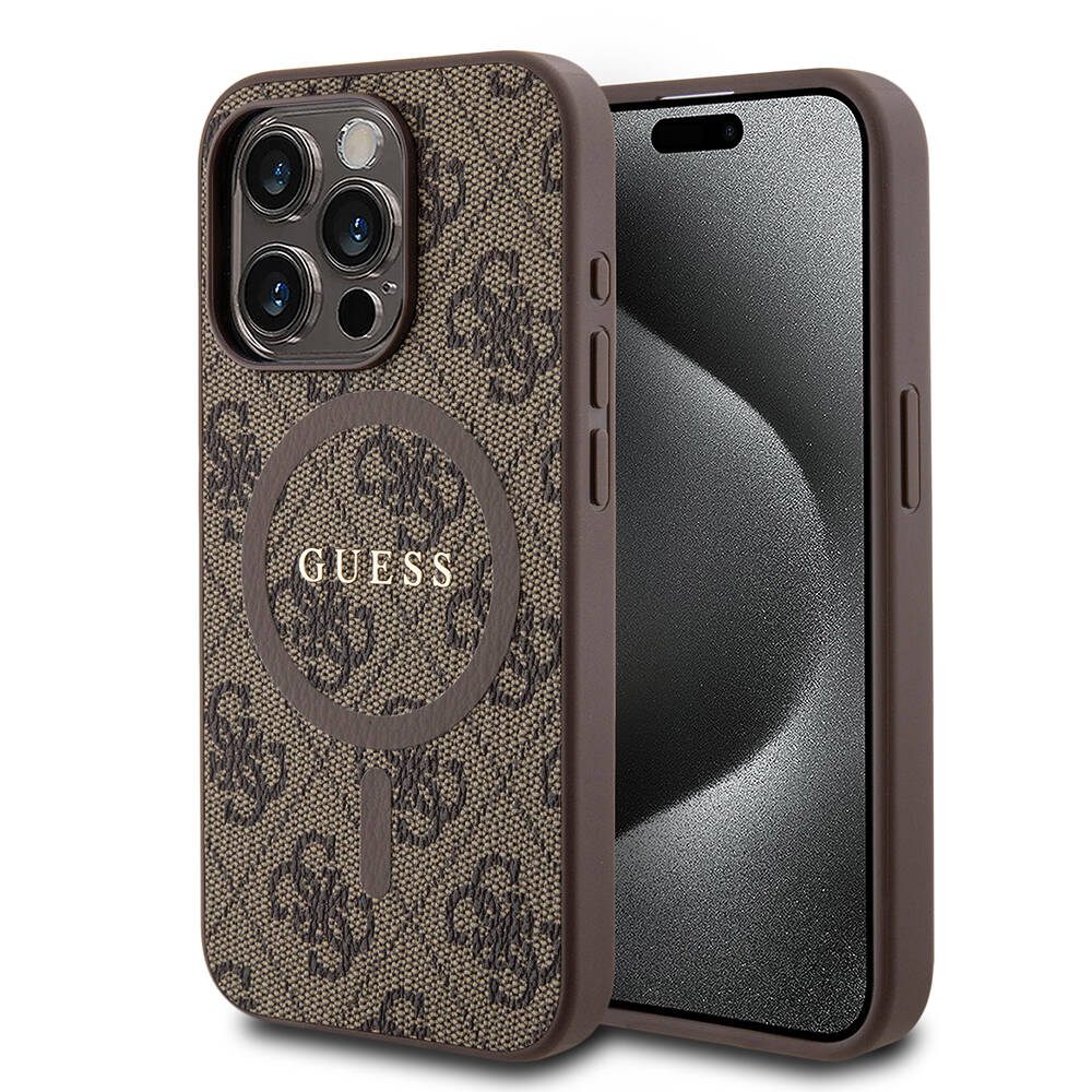Apple iPhone 15 Pro Kılıf Guess Orjinal Lisanslı M-safe Şarj Özellikli PU Halkalı 4G Desenli Yazı Logolu Kapak