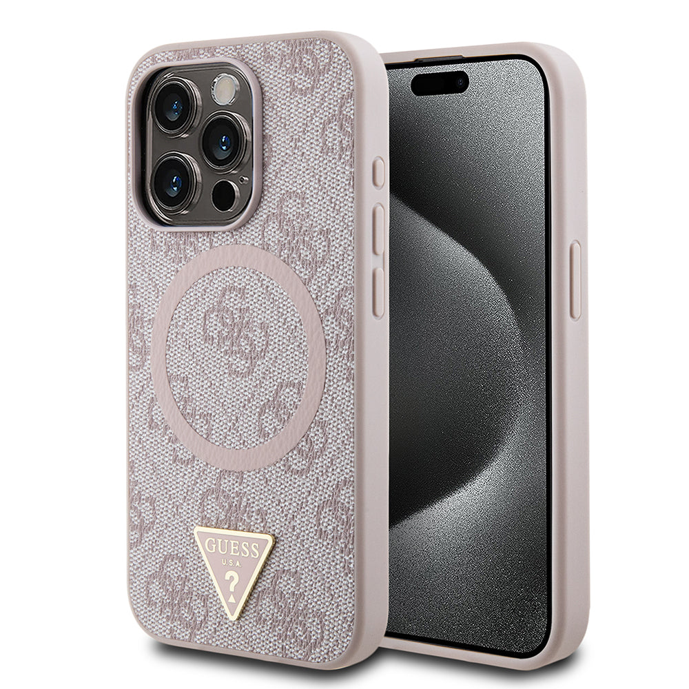 Apple iPhone 15 Pro Kılıf Guess Orjinal Lisanslı M-safe Şarj Özellikli PU Üçgen Logo 4G Desenli Kapak