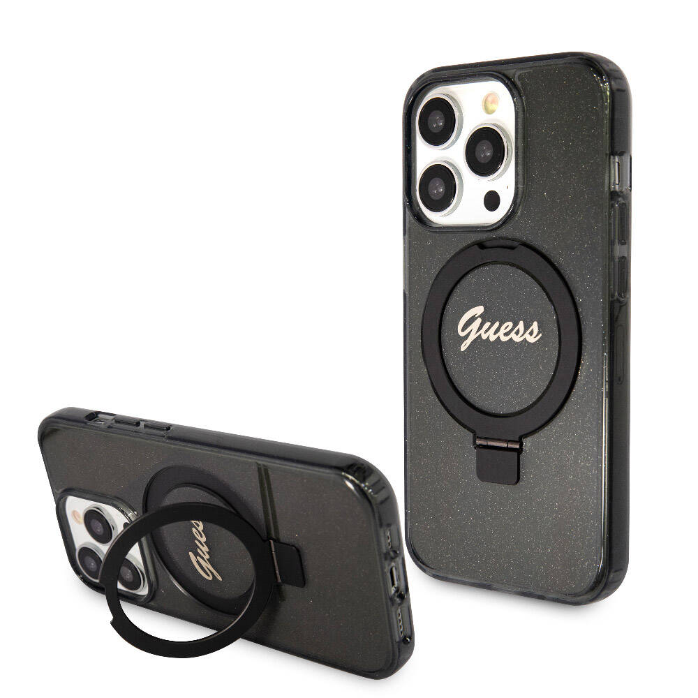 Apple iPhone 15 Pro Kılıf Guess Orjinal Lisanslı M-safe Şarj Özellikli Simli Arka Yüzey Ring Standlı Kapak