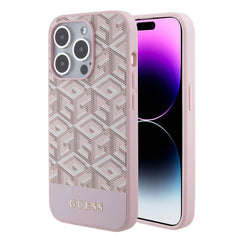 Apple iPhone 15 Pro Kılıf Guess Orjinal Lisanslı M-safe Şarj Özellikli Yazı Logolu GCube Desenli Kapak