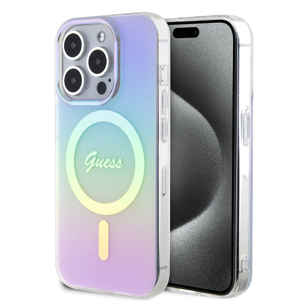 Apple iPhone 15 Pro Kılıf Guess Orjinal Lisanslı M-safe Şarj Özellikli Yazı Logolu Iridescent Kapak