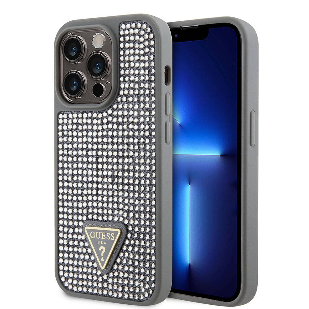 Apple iPhone 15 Pro Kılıf Guess Orjinal Lisanslı Taşlı Arka Yüzey Üçgen Logolu Kapak