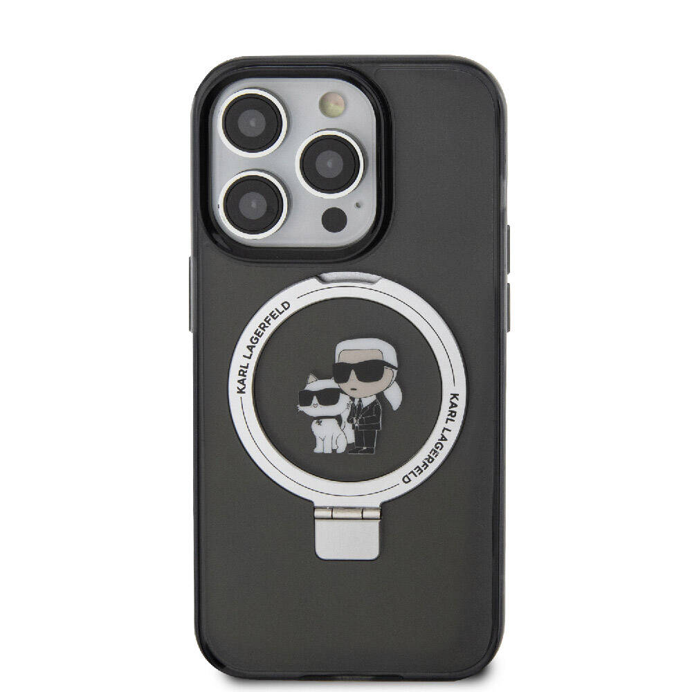 Apple iPhone 15 Pro Kılıf Karl Lagerfeld Orjinal Lisanslı M-safe Şarj Özellikli K&C İkonik Baskılı Ring Standlı Kapak
