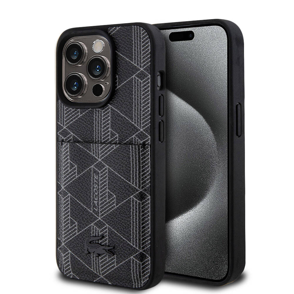 Apple iPhone 15 Pro Kılıf Lacoste Orjinal Lisanslı M-safe Şarj Özellikli PU Deri Görünümlü Kartlıklı Karışık Monogram Desenli Kapak