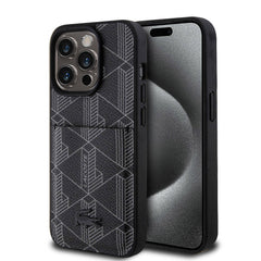 Apple iPhone 15 Pro Kılıf Lacoste Orjinal Lisanslı M-safe Şarj Özellikli PU Deri Görünümlü Kartlıklı Karışık Monogram Desenli Kapak