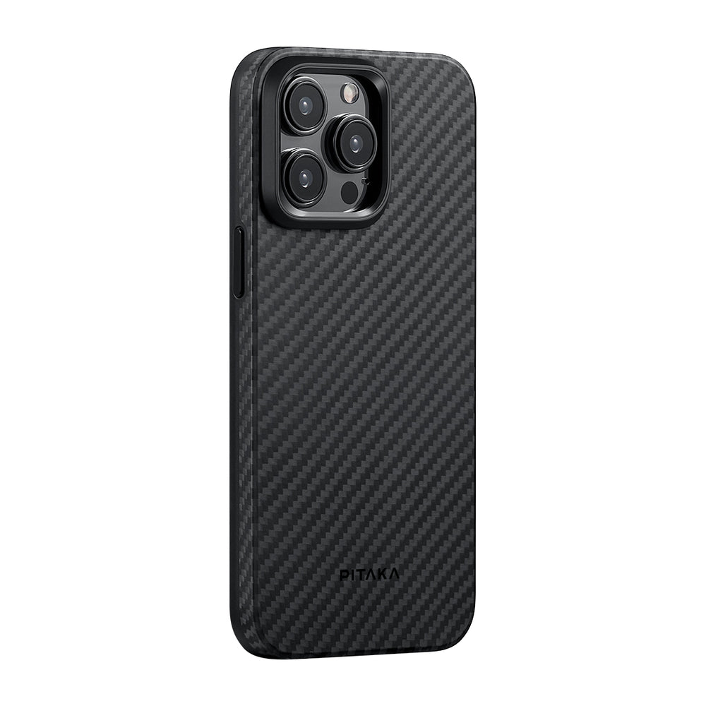 Apple iPhone 15 Pro Kılıf M-safe Şarj Özellikli 1500D Aramid Fiber Pitaka Military-Grade Classic Serisi Black-Grey Twill Kapak