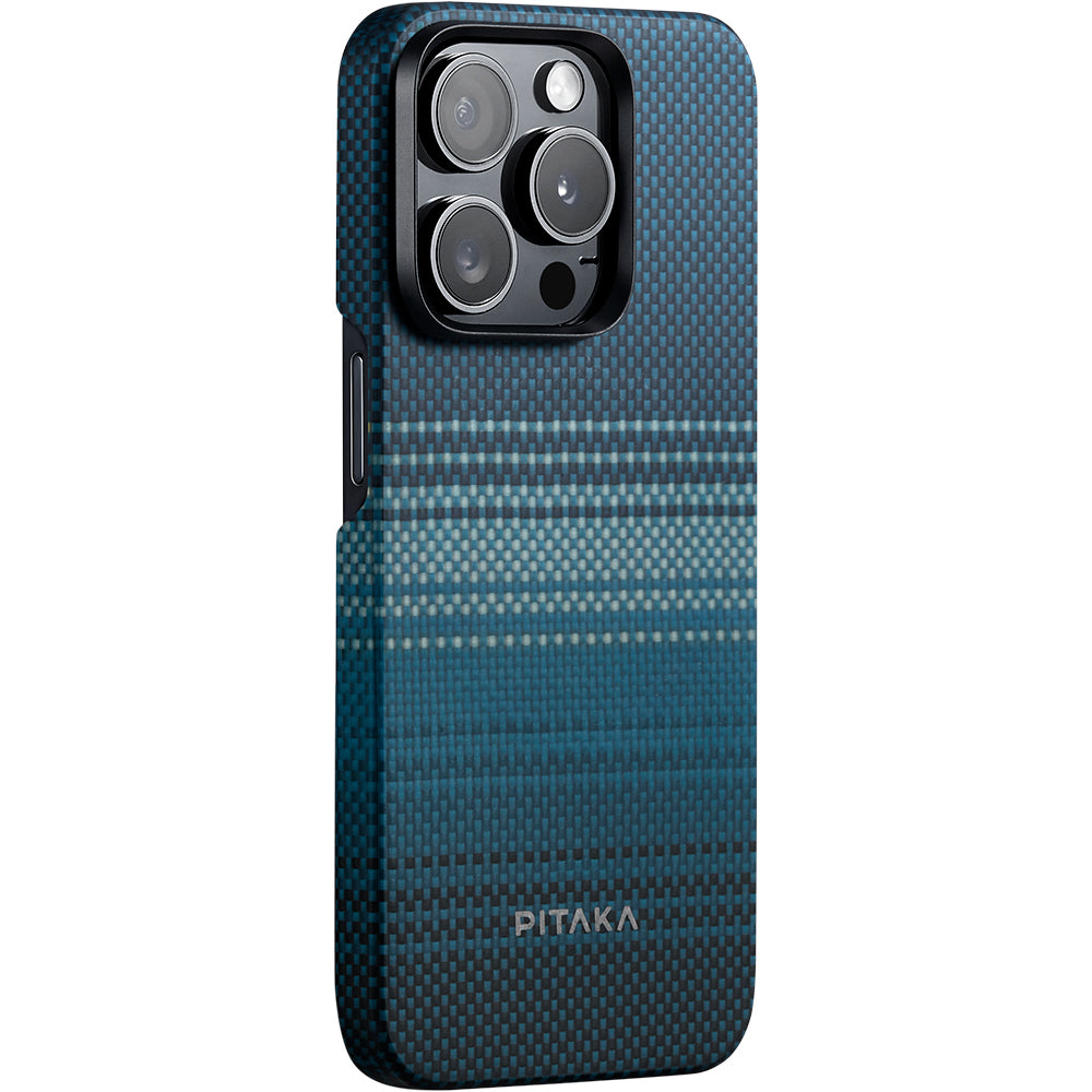 Apple iPhone 15 Pro Kılıf M-safe Şarj Özellikli Aramid Fiber Pitaka Tactile Woven Sunset-Moonrise Serisi Moonrise Kapak