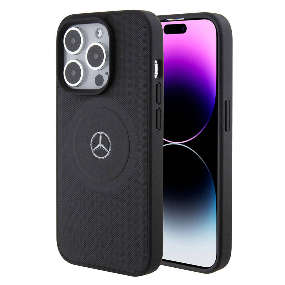 Apple iPhone 15 Pro Kılıf Mercedes Benz Orjinal Lisanslı M-safe Şarj Özellikli Pike Desenli Baskı Logolu Deri Kapak
