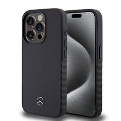 Apple iPhone 15 Pro Kılıf Mercedes Benz Orjinal Lisanslı Tırtıklı Kenar Tasarımlı Metal Yıldız Logolu Pürüzsüz Hakiki Deri Kapak