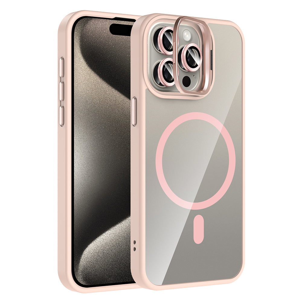 Apple iPhone 15 Pro Kılıf Standlı ve Kamera Lens Hediyeli M-Safe Şarj Özellikli Zore Etro Kapak