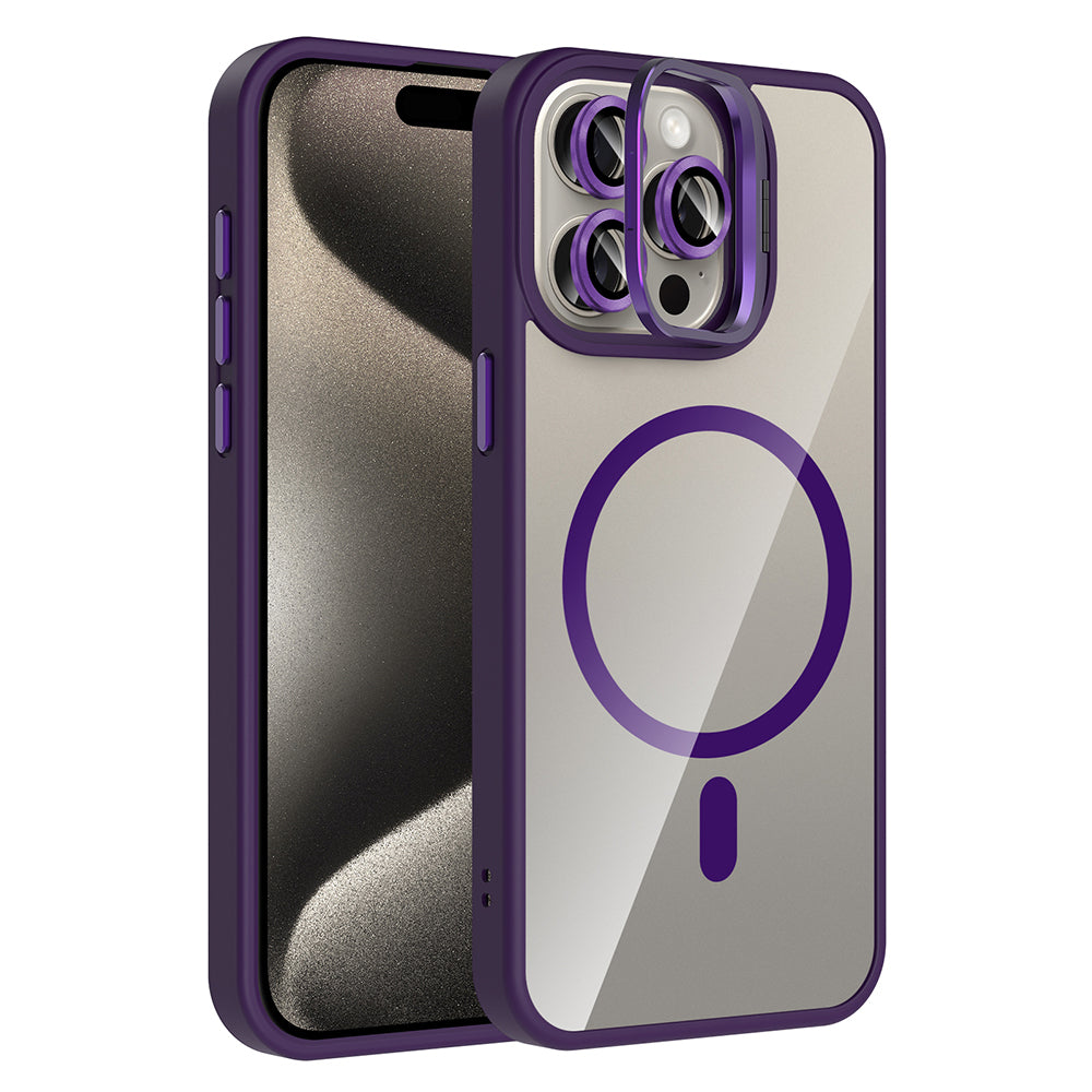 Apple iPhone 15 Pro Kılıf Standlı ve Kamera Lens Hediyeli M-Safe Şarj Özellikli Zore Etro Kapak
