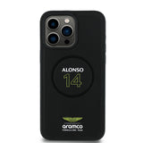 Apple iPhone 15 Pro Max Kılıf Aston Martin Orjinal Lisanslı M-safe Şarj Özellikli PU Deri Alonso 14 Baskılı Kapak