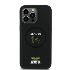 Apple iPhone 15 Pro Max Kılıf Aston Martin Orjinal Lisanslı M-safe Şarj Özellikli PU Deri Alonso 14 Baskılı Kapak
