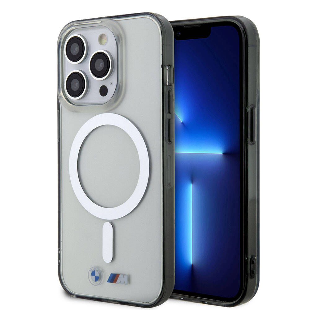 Apple iPhone 15 Pro Max Kılıf BMW M-safe Şarj Özellikli Transparan Silver Ring Orjinal Lisanslı Kapak