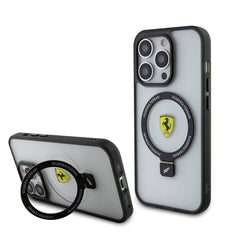 Apple iPhone 15 Pro Max Kılıf Ferrari M-safe Şarj Özellikli Standlı Buzlu Yüzey Dizayn Kapak