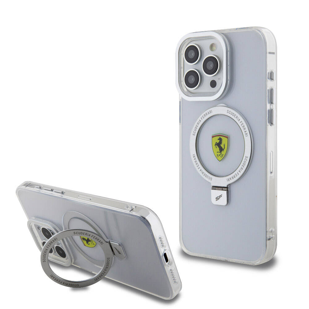 Apple iPhone 15 Pro Max Kılıf Ferrari M-safe Şarj Özellikli Standlı Buzlu Yüzey Dizayn Kapak