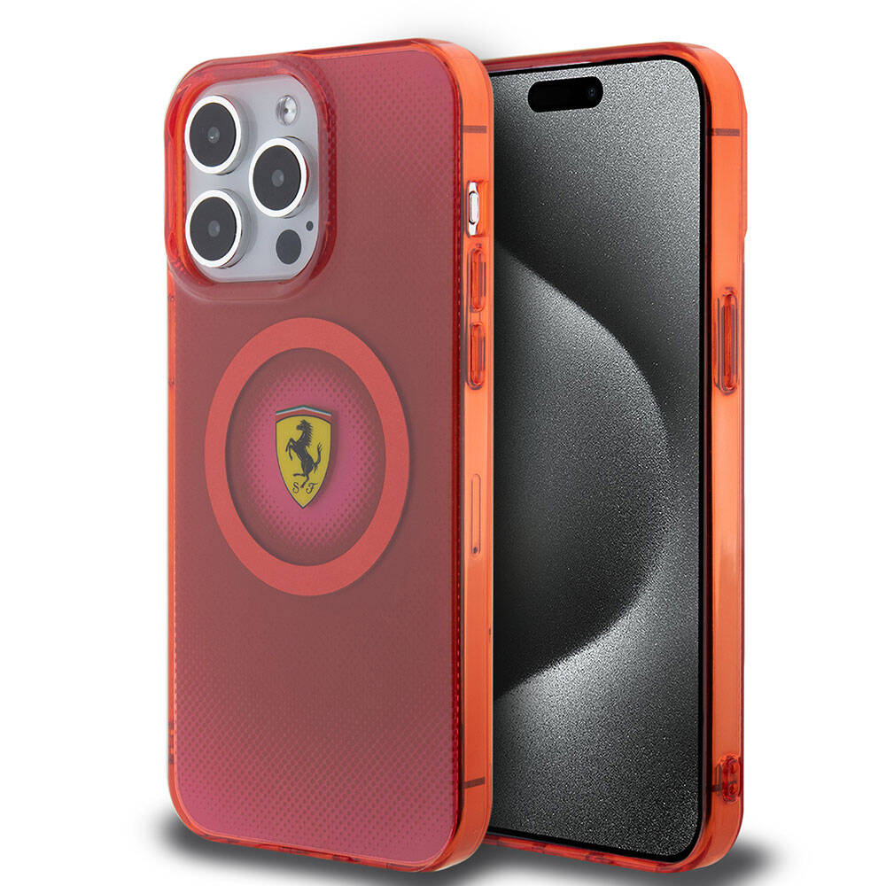 Apple iPhone 15 Pro Max Kılıf Ferrari Orjinal Lisanslı M-safe Şarj Özellikli Parçalanan Noktalar Desenli Kapak