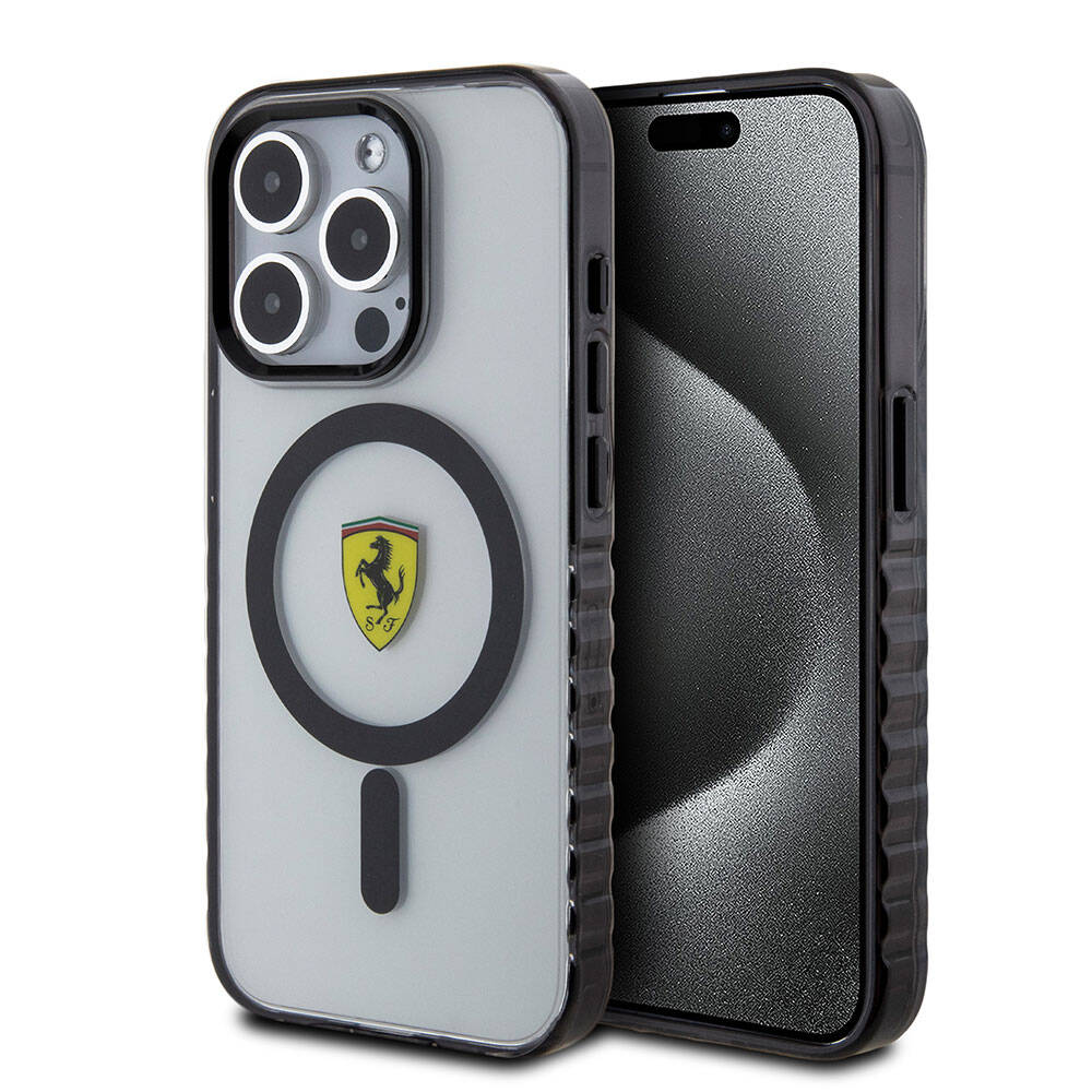 Apple iPhone 15 Pro Max Kılıf Ferrari Orjinal Lisanslı M-safe Şarj Özellikli Tırtıklı Kenar Tasarımlı Ortalanmış Logo Kapak