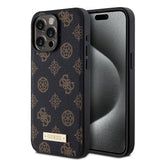 Apple iPhone 15 Pro Max Kılıf Guess M-safe Şarj Özellikli PU Deri Desenli Metal Plaka Logolu Kapak
