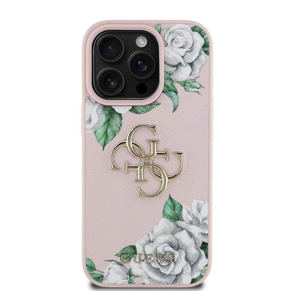 Apple iPhone 15 Pro Max Kılıf Guess Orjinal Lisanslı Gül Baskılı Büyük Metal Logo Dizaynlı Kapak