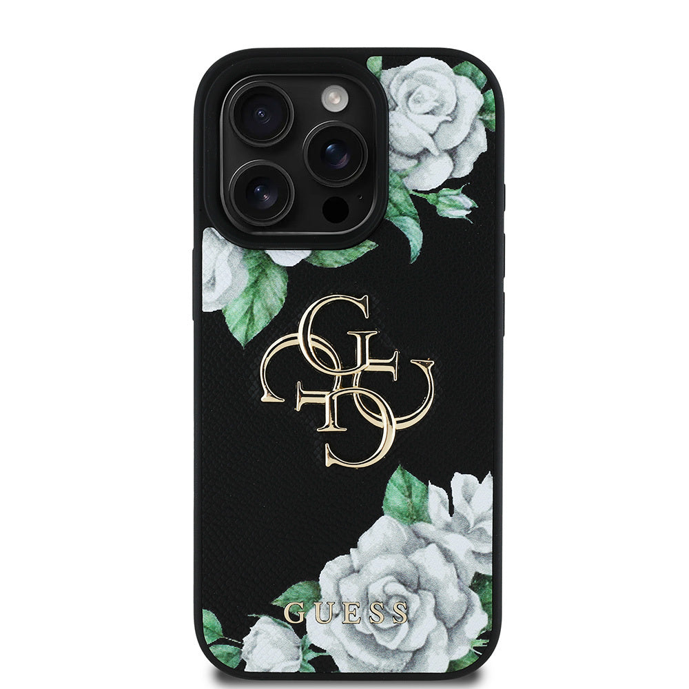 Apple iPhone 15 Pro Max Kılıf Guess Orjinal Lisanslı Gül Baskılı Büyük Metal Logo Dizaynlı Kapak