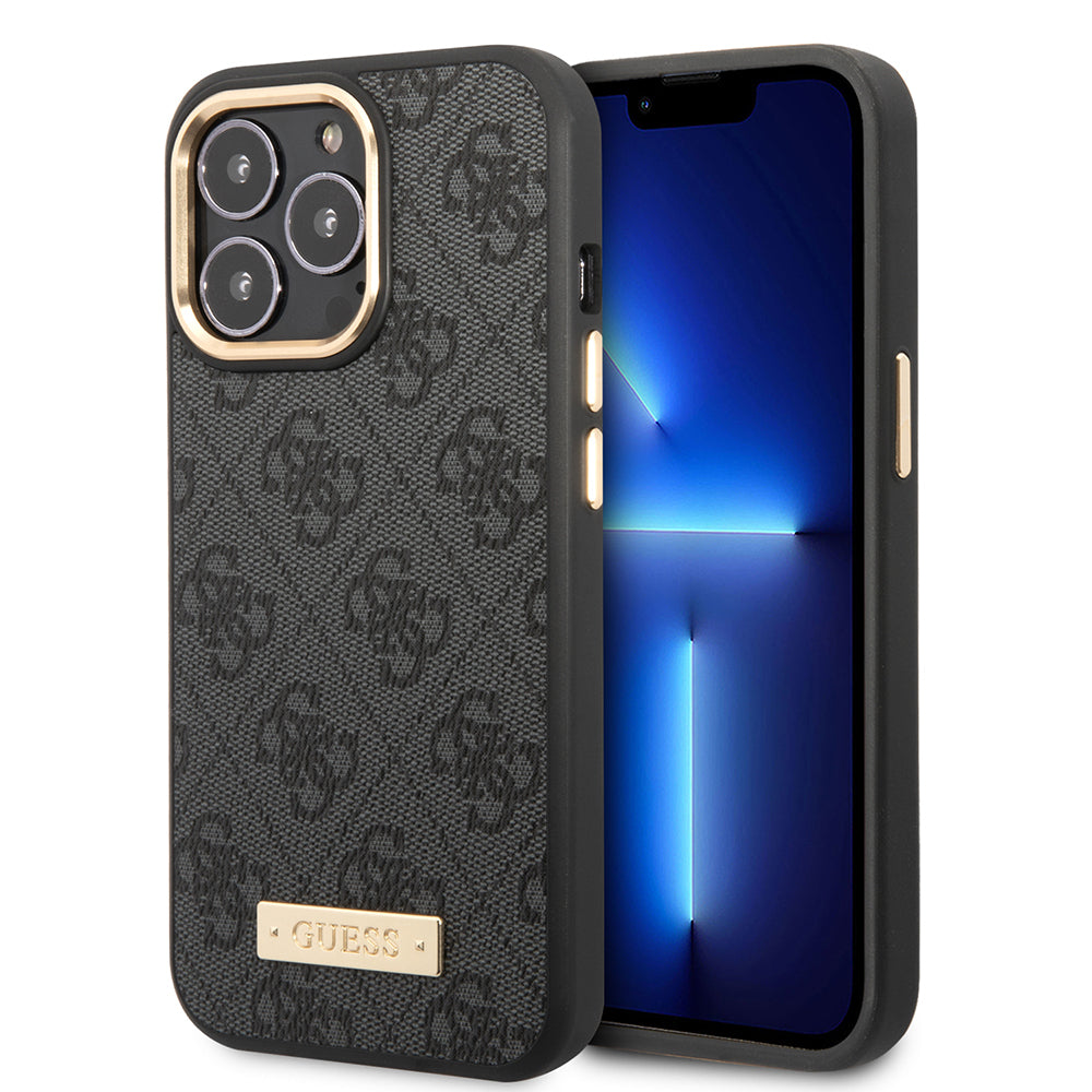 Apple iPhone 15 Pro Max Kılıf Guess Orjinal Lisanslı M-safe Şarj Özellikli 4G Desenli PU Metal Plaka Klasik Logolu Kapak