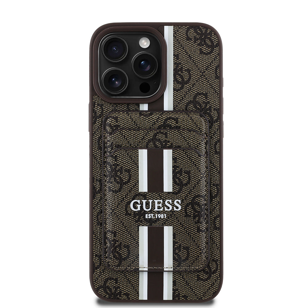 Apple iPhone 15 Pro Max Kılıf Guess Orjinal Lisanslı M-safe Şarj Özellikli 4G Desenli Çizgili Kartlıklı Kapak