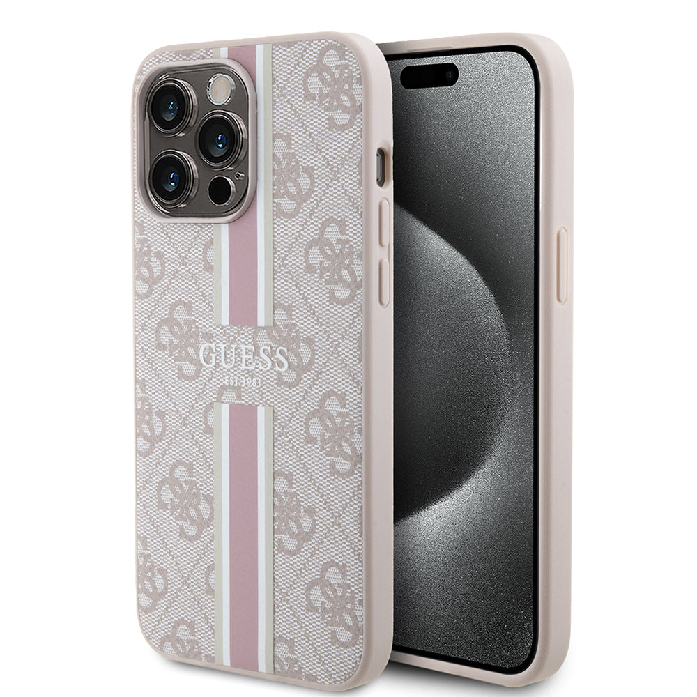 Apple iPhone 15 Pro Max Kılıf Guess Orjinal Lisanslı M-safe Şarj Özellikli 4G Şerit Tasarımlı Printed Kapak