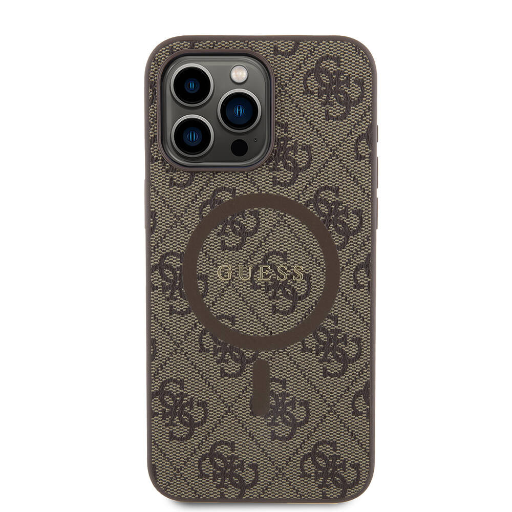 Apple iPhone 15 Pro Max Kılıf Guess Orjinal Lisanslı M-safe Şarj Özellikli PU Halkalı 4G Desenli Yazı Logolu Kapak