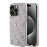 Apple iPhone 15 Pro Max Kılıf Guess Orjinal Lisanslı M-safe Şarj Özellikli PU Halkalı 4G Desenli Yazı Logolu Kapak
