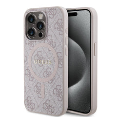Apple iPhone 15 Pro Max Kılıf Guess Orjinal Lisanslı M-safe Şarj Özellikli PU Halkalı 4G Desenli Yazı Logolu Kapak