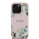 Apple iPhone 15 Pro Max Kılıf Guess Orjinal Lisanslı M-safe Şarj Özellikli Taneli Çiçek Tasarımlı Metal Yazı Logolu Kapak