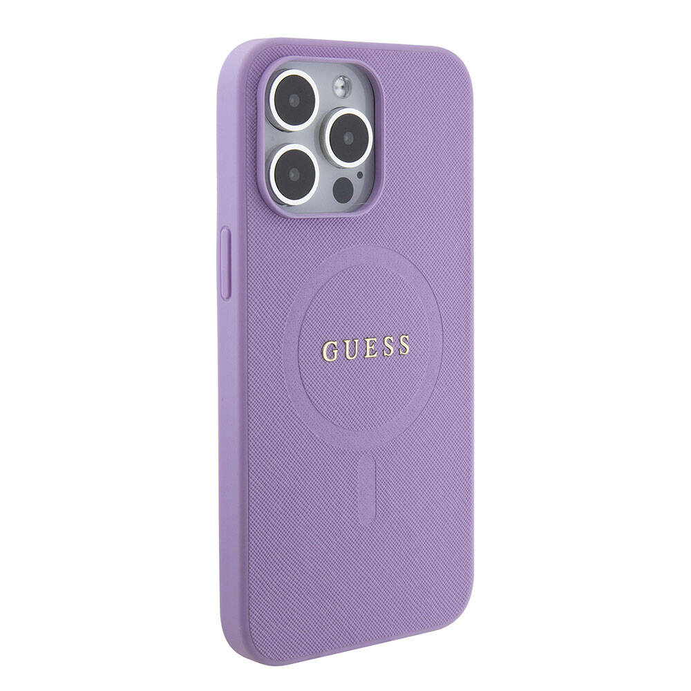 Apple iPhone 15 Pro Max Kılıf Guess Orjinal Lisanslı M-safe Şarj Özellikli Yazı Logolu Saffiano Kapak