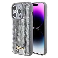 Apple iPhone 15 Pro Max Kılıf Guess Orjinal Lisanslı Pullu Arka Yüzey Metal Yazı Logolu Sequin Script Kapak