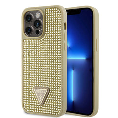 Apple iPhone 15 Pro Max Kılıf Guess Orjinal Lisanslı Taşlı Arka Yüzey Üçgen Logolu Kapak