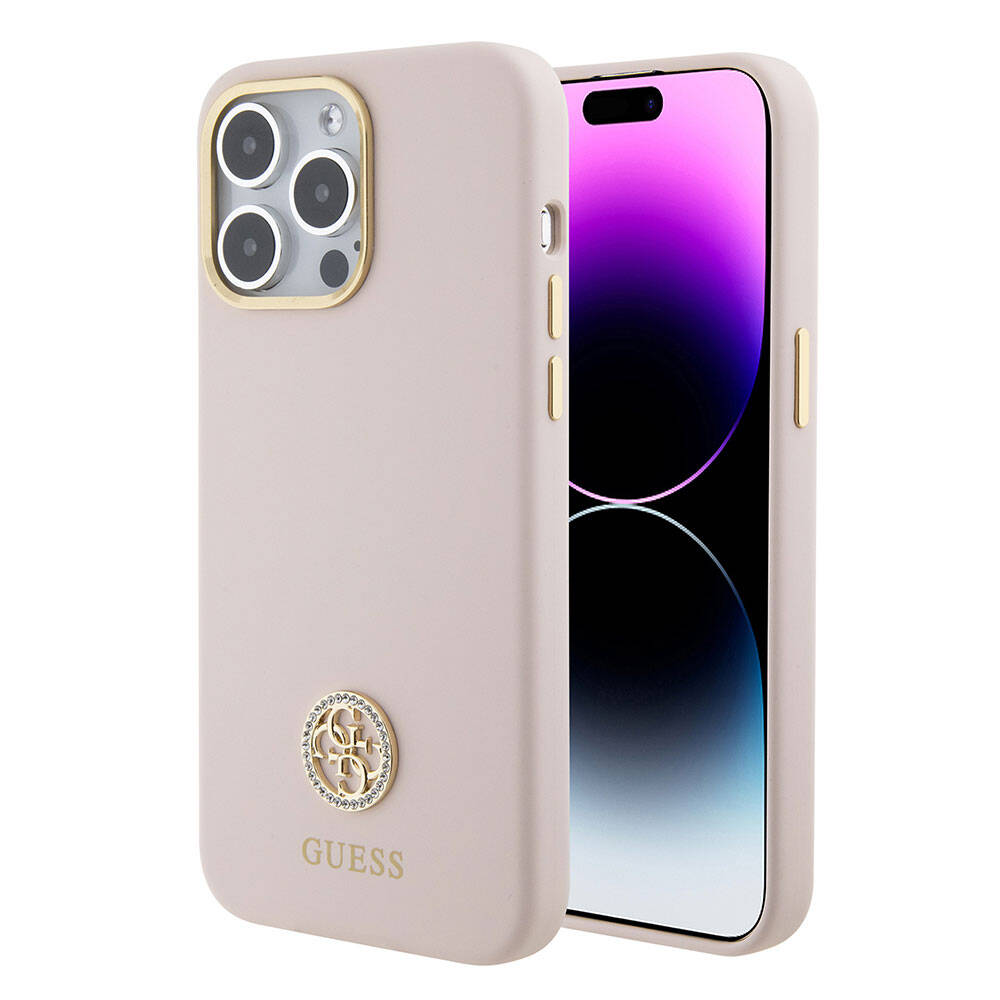 Apple iPhone 15 Pro Max Kılıf Guess Orjinal Lisanslı Yazı ve Taşlı 4G Logolu Metal Kamera Çerçeveli Silikon Kapak