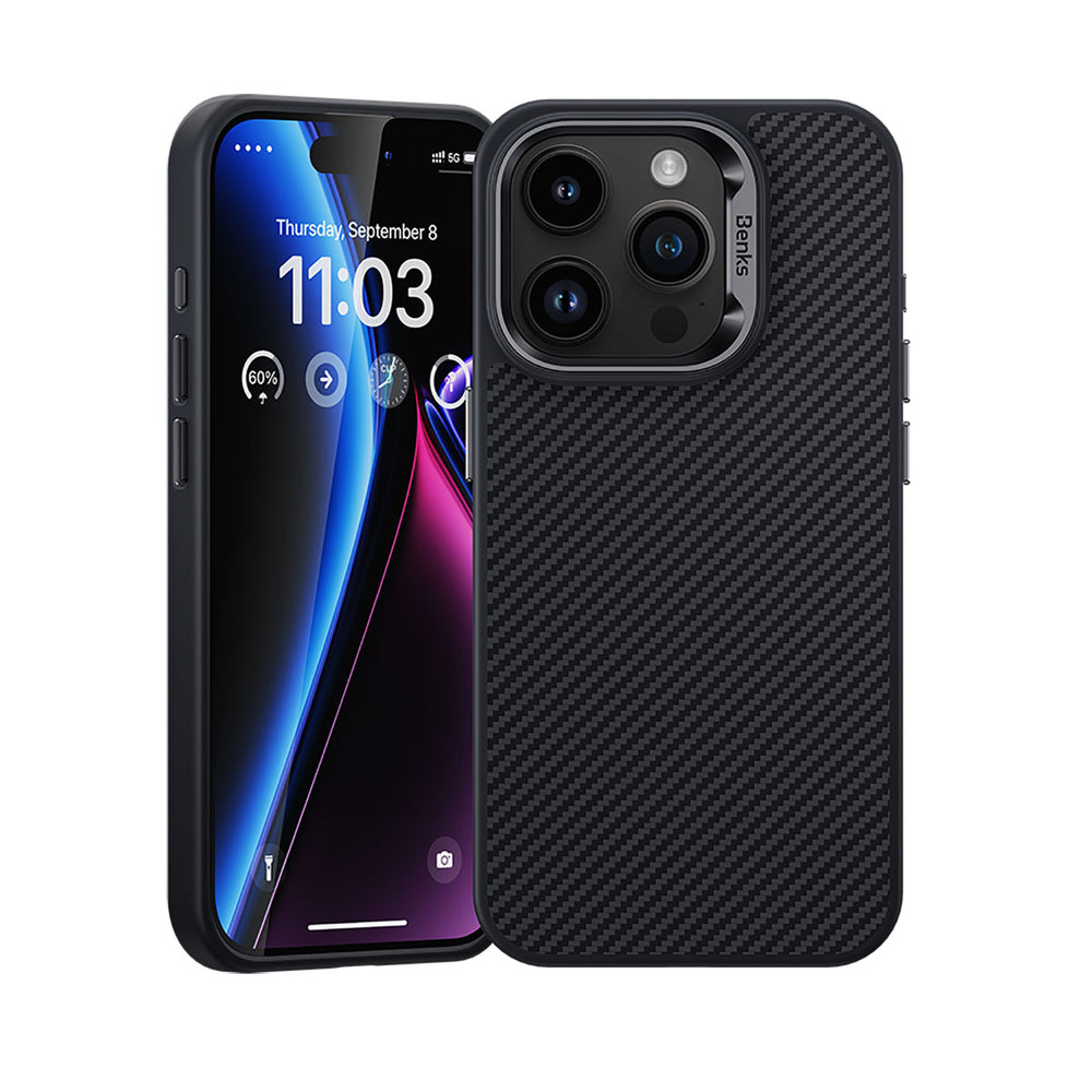 Apple iPhone 15 Pro Max Kılıf Karbon Fiber M-safe Şarj Özellikli Benks Hybrid ArmorPro 600D Kevlar Kapak
