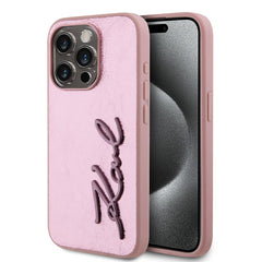 Apple iPhone 15 Pro Max Kılıf Karl Lagerfeld Orjinal Lisanslı 3D KL Yazılı Tüylü Arka Yüzey Saffiano Rhinestones Kapak