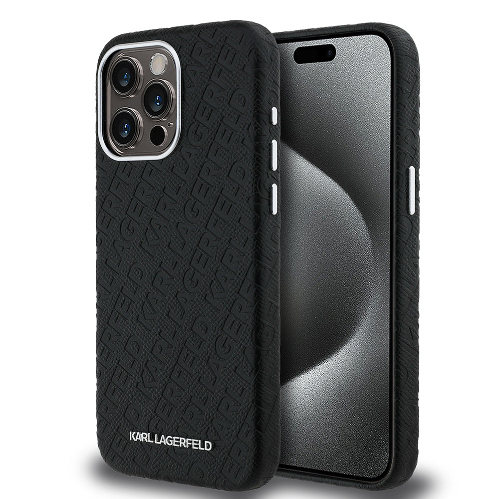 Apple iPhone 15 Pro Max Kılıf Karl Lagerfeld Orjinal Lisanslı PU Deri Damgalı Metal Yazı Logolu Kapak
